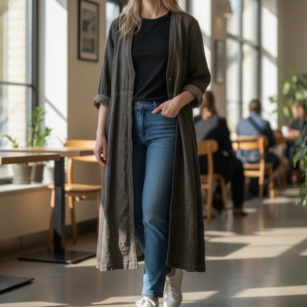 Peruvian Connection Grunge Lagenlook Linen Maxi Dress Jacket Women's 18 Brown